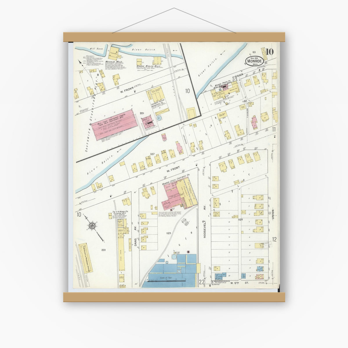 Old map wall art mockup — magnetic wood frame on white wall — Sanborn Fire Insurance Map from Monroe, Monroe County, Michigan (1916), Sheet #0010