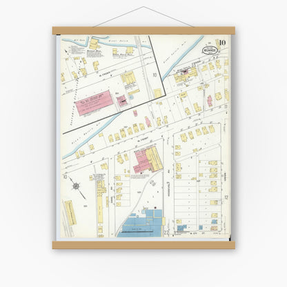 Old map wall art mockup — magnetic wood frame on white wall — Sanborn Fire Insurance Map from Monroe, Monroe County, Michigan (1916), Sheet #0010