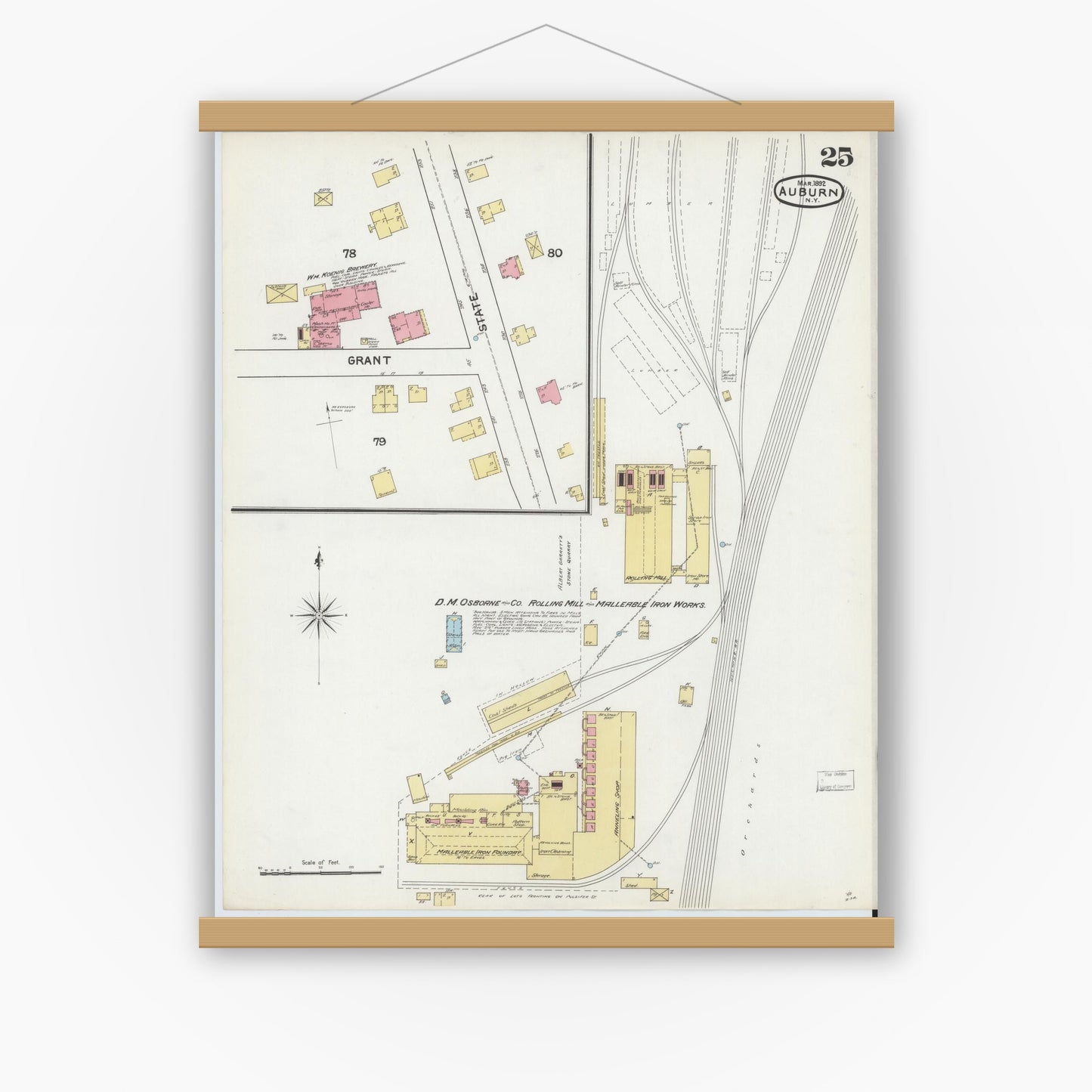 Old map wall art mockup — magnetic wood frame on white wall — Sanborn Fire Insurance Map from Auburn, Cayuga County, New York (1892), Sheet #0025