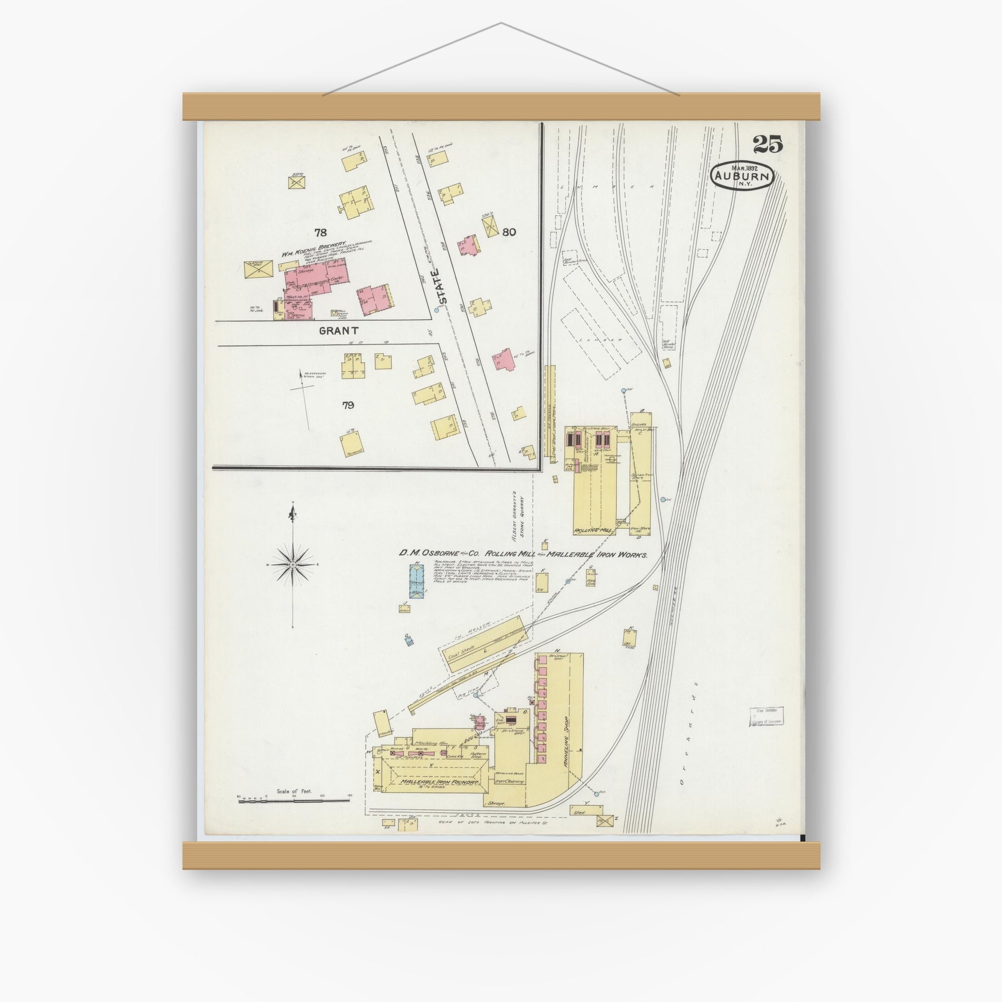 Old map wall art mockup — magnetic wood frame on white wall — Sanborn Fire Insurance Map from Auburn, Cayuga County, New York (1892), Sheet #0025