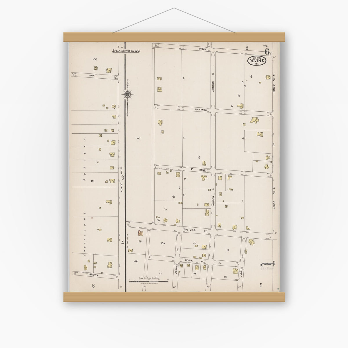 Old map wall art mockup — magnetic wood frame on white wall — Sanborn Fire Insurance Map from Devine, Medina County, Texas (1922), Sheet #0006
