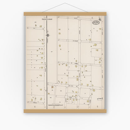 Old map wall art mockup — magnetic wood frame on white wall — Sanborn Fire Insurance Map from Devine, Medina County, Texas (1922), Sheet #0006