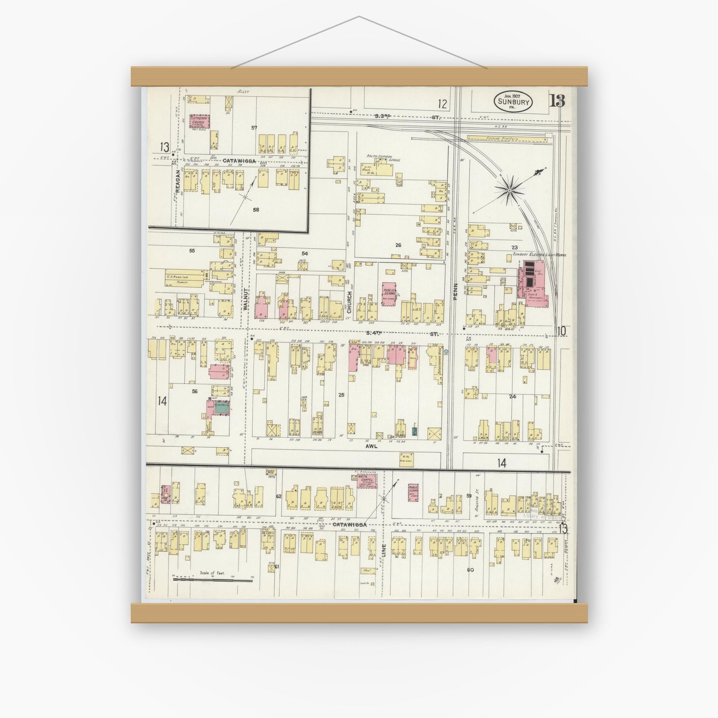 Old map wall art mockup — magnetic wood frame on white wall — Sanborn Fire Insurance Map from Sunbury, Northumberland County, Pennsylvania (1907), Sheet #0013