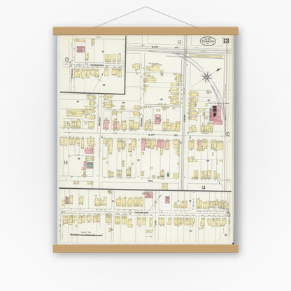 Old map wall art mockup — magnetic wood frame on white wall — Sanborn Fire Insurance Map from Sunbury, Northumberland County, Pennsylvania (1907), Sheet #0013