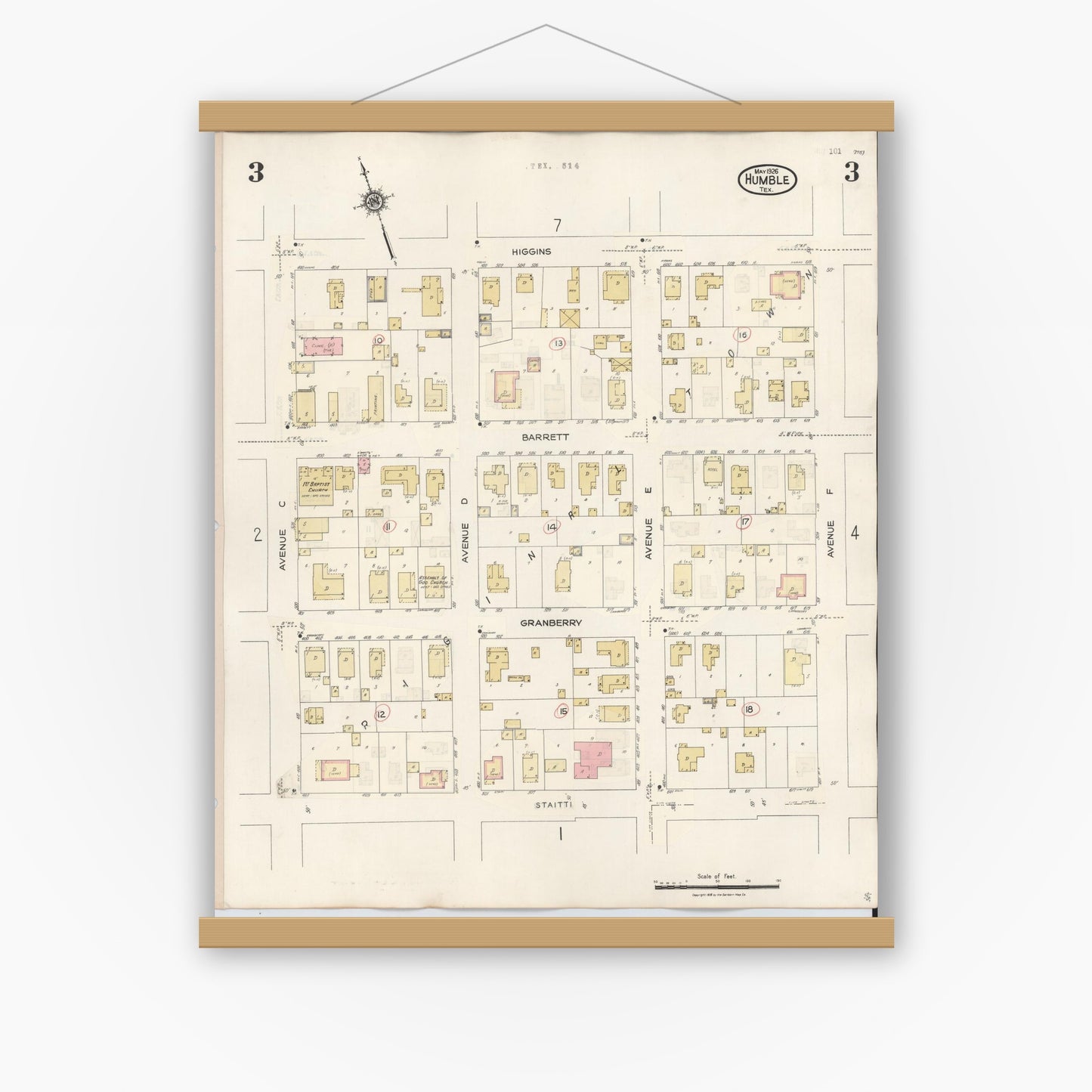 Old map wall art mockup — magnetic wood frame on white wall — Sanborn Fire Insurance Map from Humble, Harris County, Texas (1940), Sheet #0003
