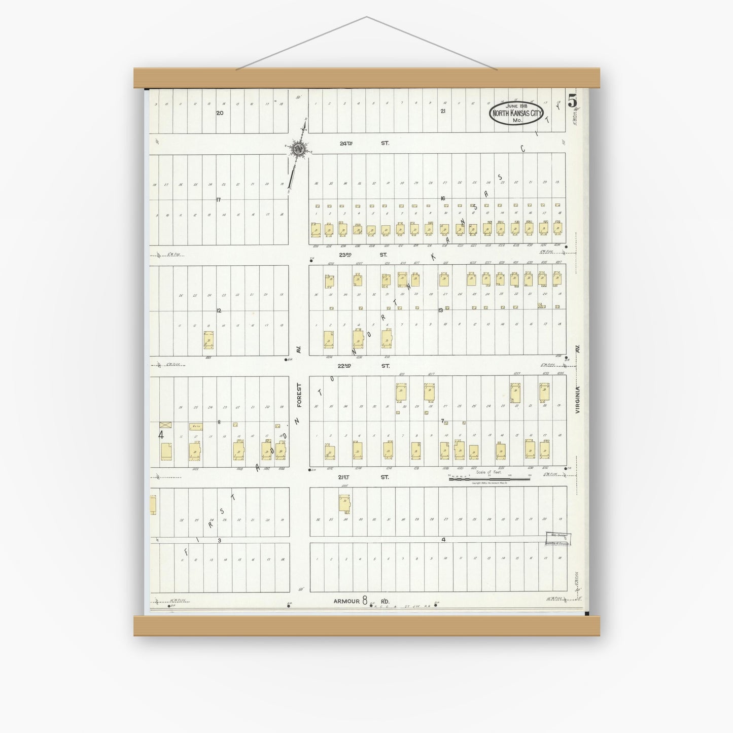Old map wall art mockup — magnetic wood frame on white wall — Sanborn Fire Insurance Map from North Kansas City, Clay County, Missouri (1918), Sheet #0005