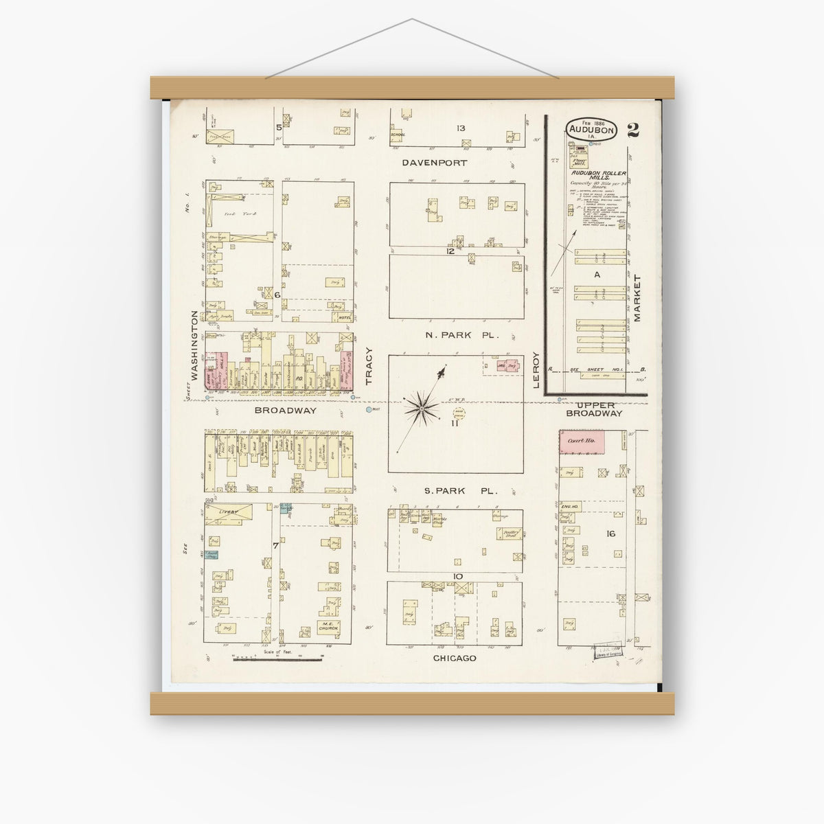 Old map wall art mockup — magnetic wood frame on white wall — Sanborn Fire Insurance Map from Audubon, Audubon County, Iowa (1886), Sheet #0002