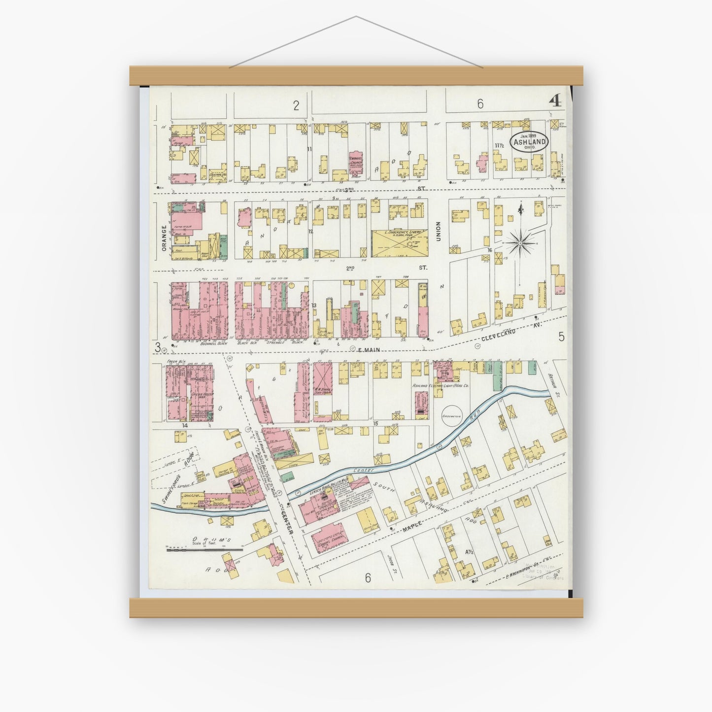 Old map wall art mockup — magnetic wood frame on white wall — Sanborn Fire Insurance Map from Ashland, Ashland County, Ohio (1899), Sheet #0004
