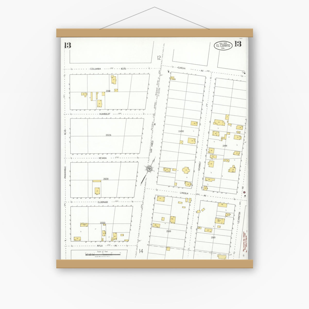 Old map wall art mockup — magnetic wood frame on white wall — Sanborn Fire Insurance Map from El Cerrito, Contra Costa County, California (1926), Sheet #0013