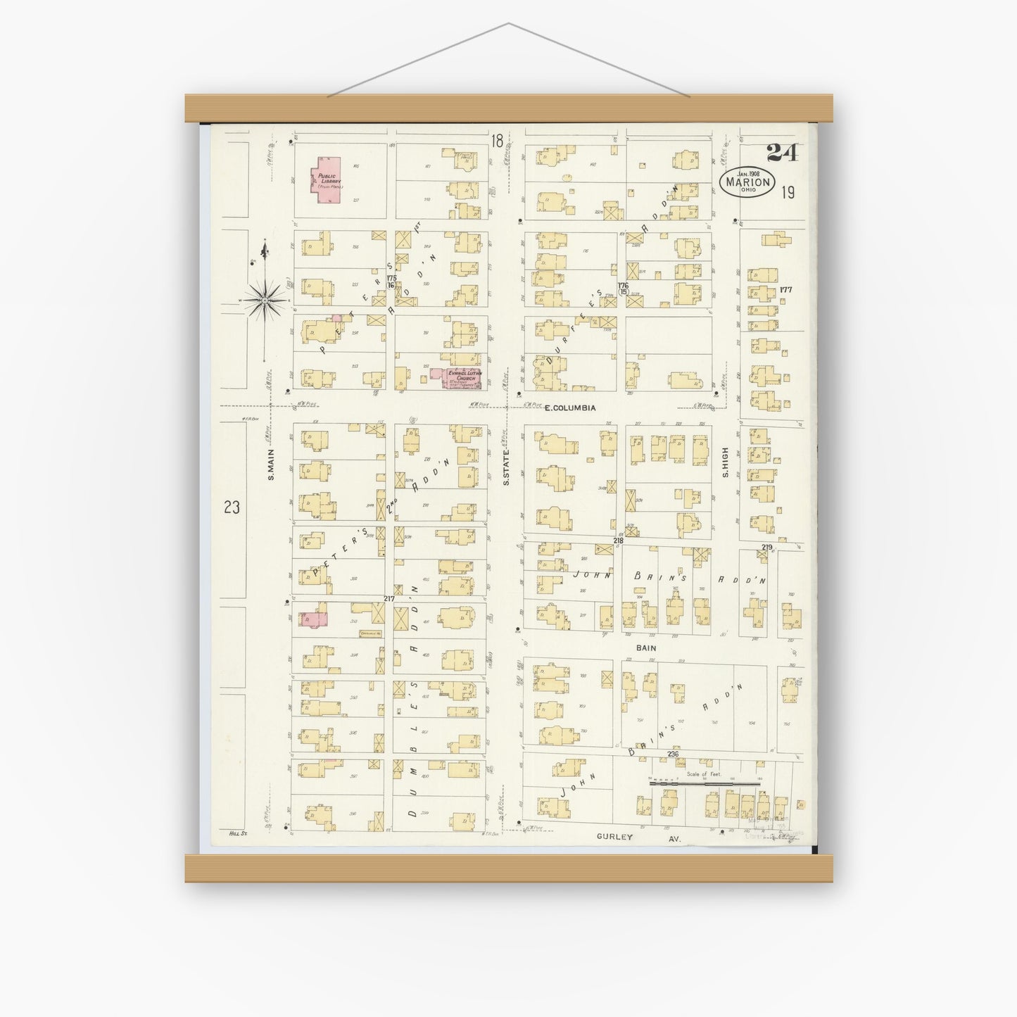 Old map wall art mockup — magnetic wood frame on white wall — Sanborn Fire Insurance Map from Marion, Marion County, Ohio (1908), Sheet #0024