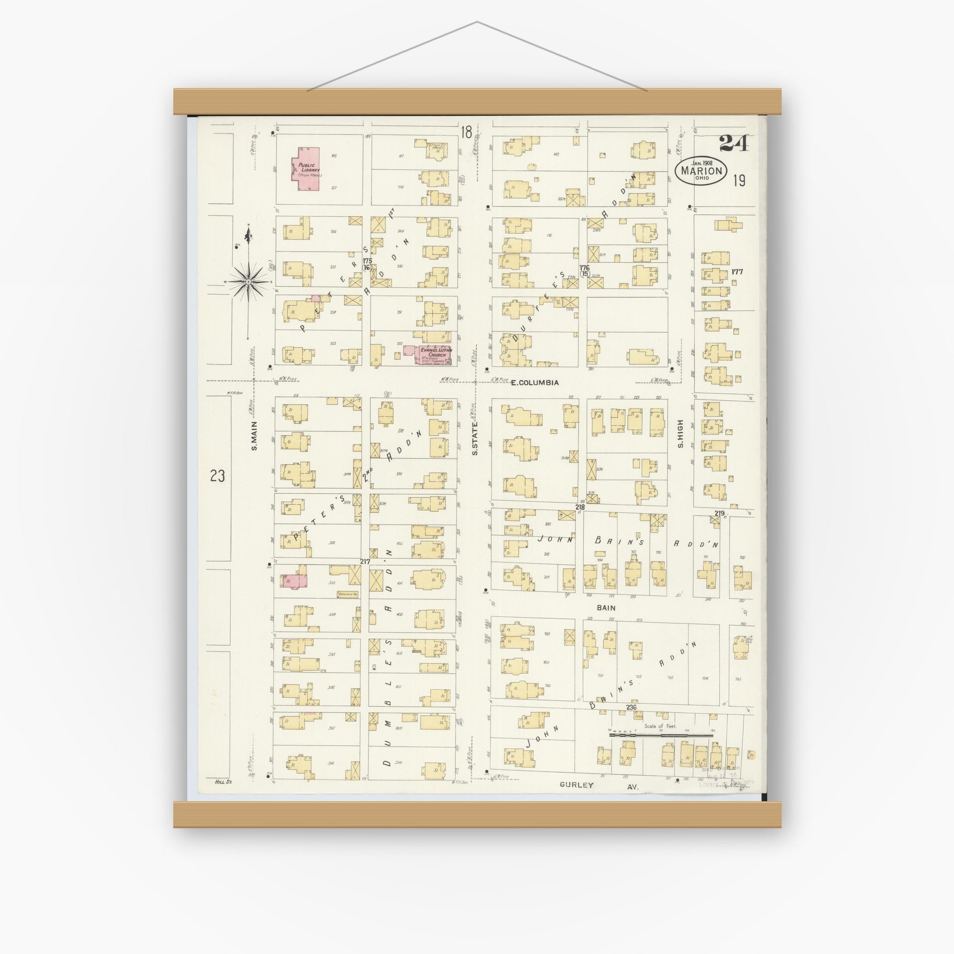 Old map wall art mockup — magnetic wood frame on white wall — Sanborn Fire Insurance Map from Marion, Marion County, Ohio (1908), Sheet #0024