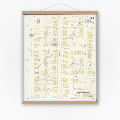 Old map wall art mockup — magnetic wood frame on white wall — Sanborn Fire Insurance Map from Marion, Marion County, Ohio (1908), Sheet #0024