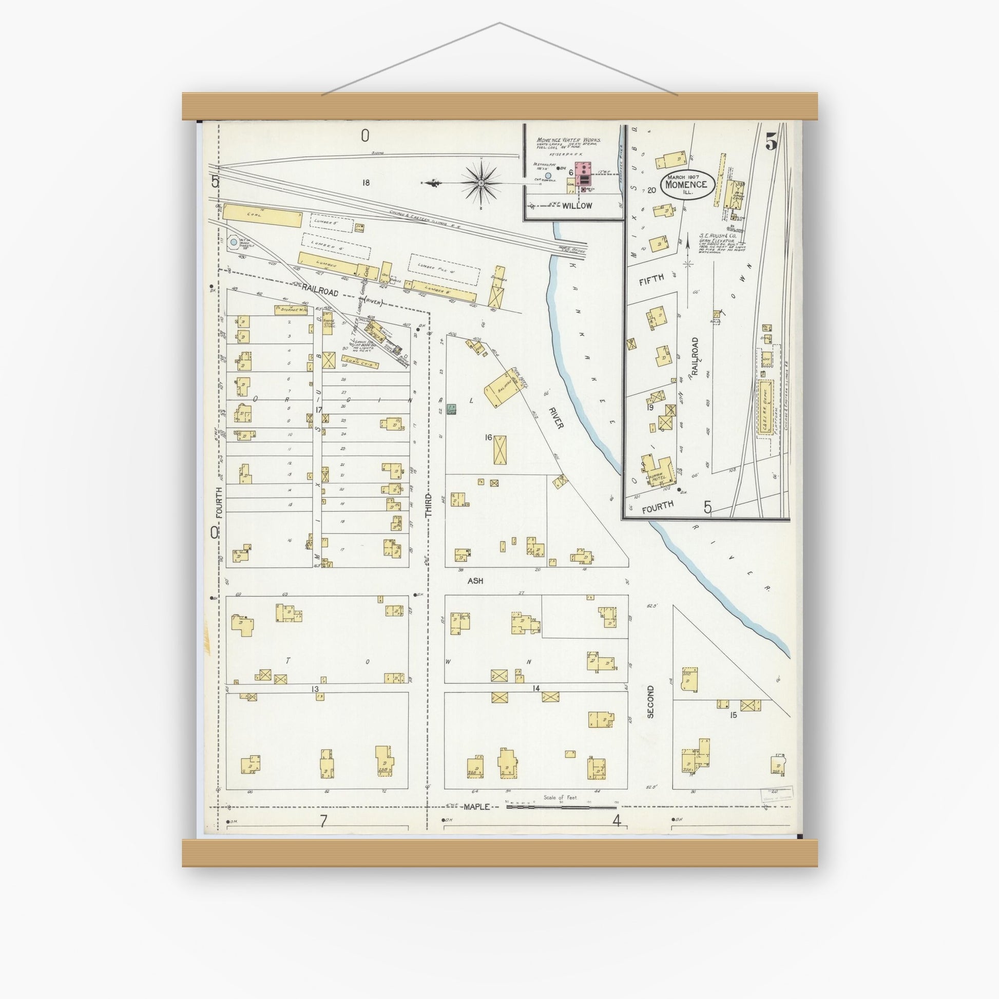 Old map wall art mockup — magnetic wood frame on white wall — Sanborn Fire Insurance Map from Momence, Kankakee County, Illinois (1907), Sheet #0005