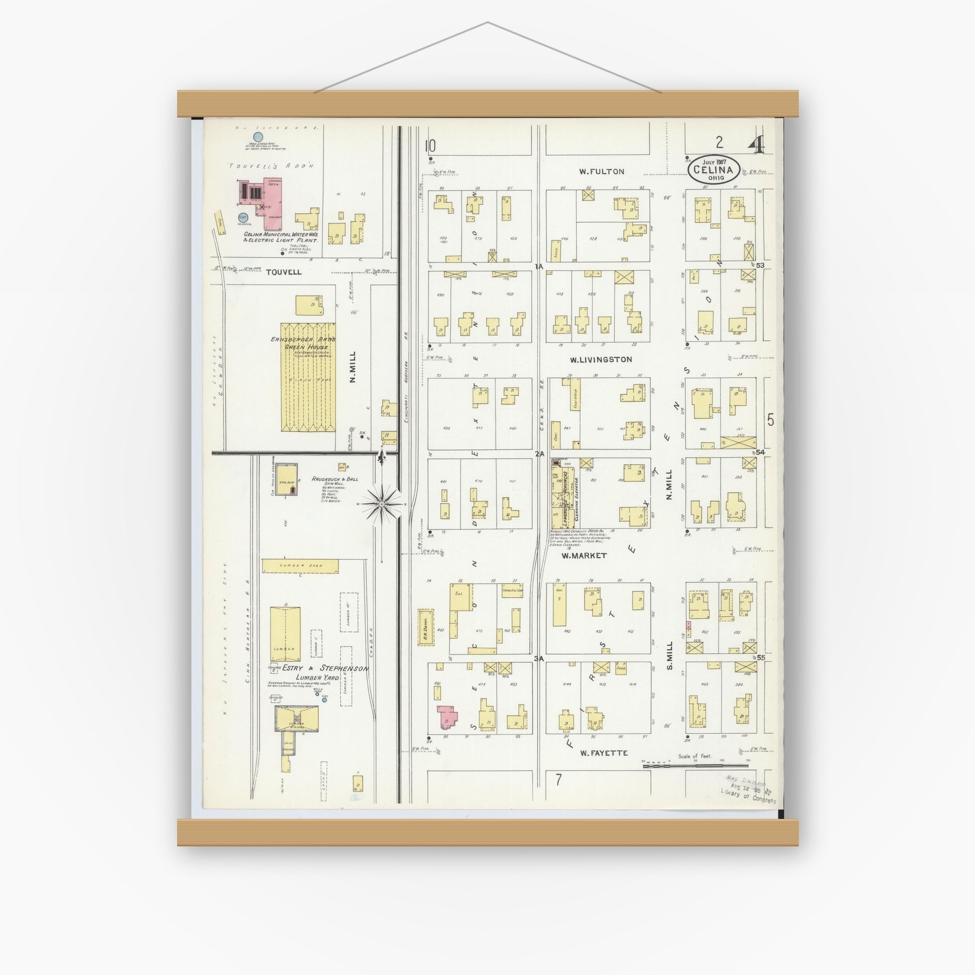 Old map wall art mockup — magnetic wood frame on white wall — Sanborn Fire Insurance Map from Celina, Mercer County, Ohio (1907), Sheet #0004