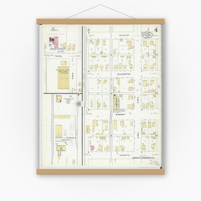 Old map wall art mockup — magnetic wood frame on white wall — Sanborn Fire Insurance Map from Celina, Mercer County, Ohio (1907), Sheet #0004