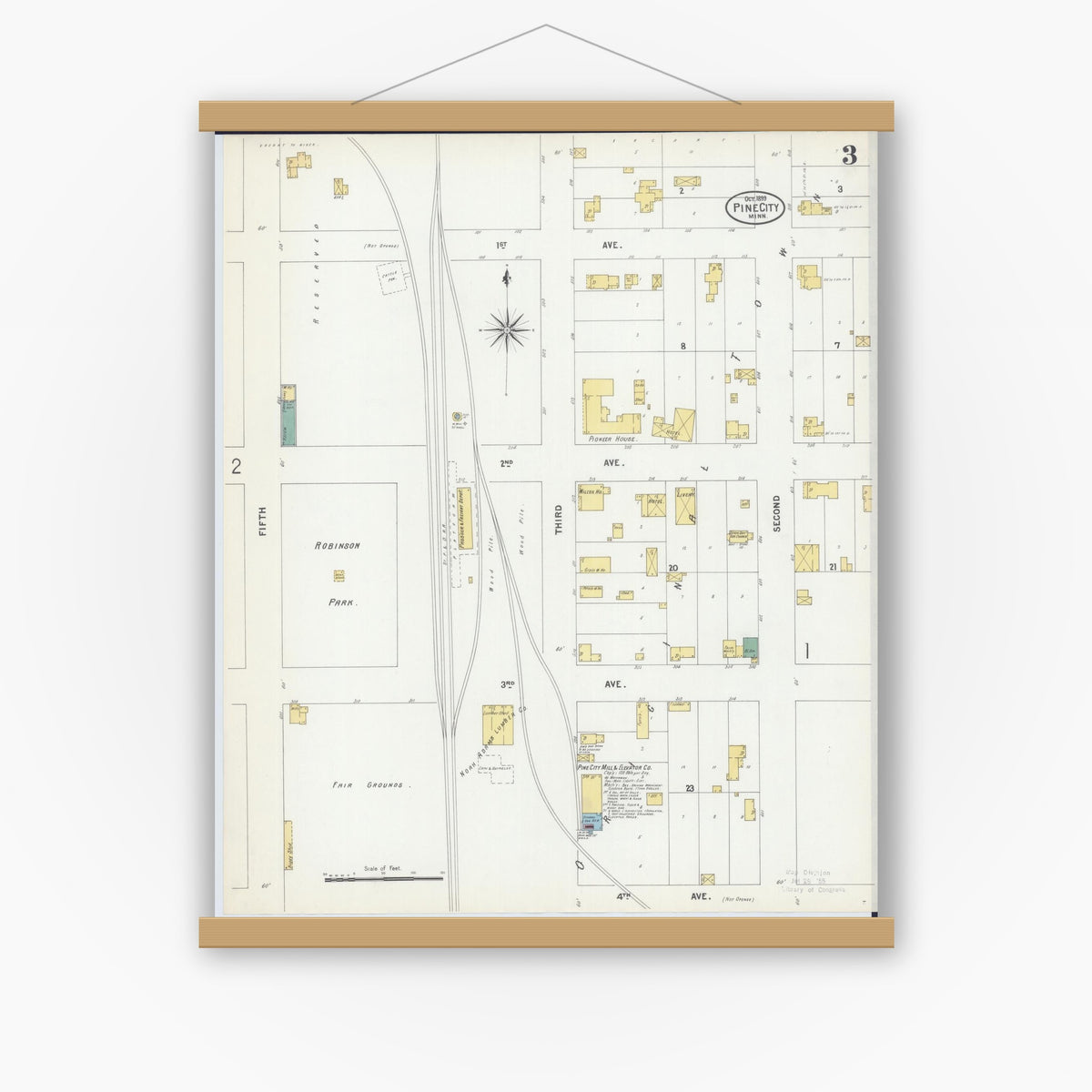 Old map wall art mockup — magnetic wood frame on white wall — Sanborn Fire Insurance Map from Pine City, Pine County, Minnesota (1899), Sheet #0003