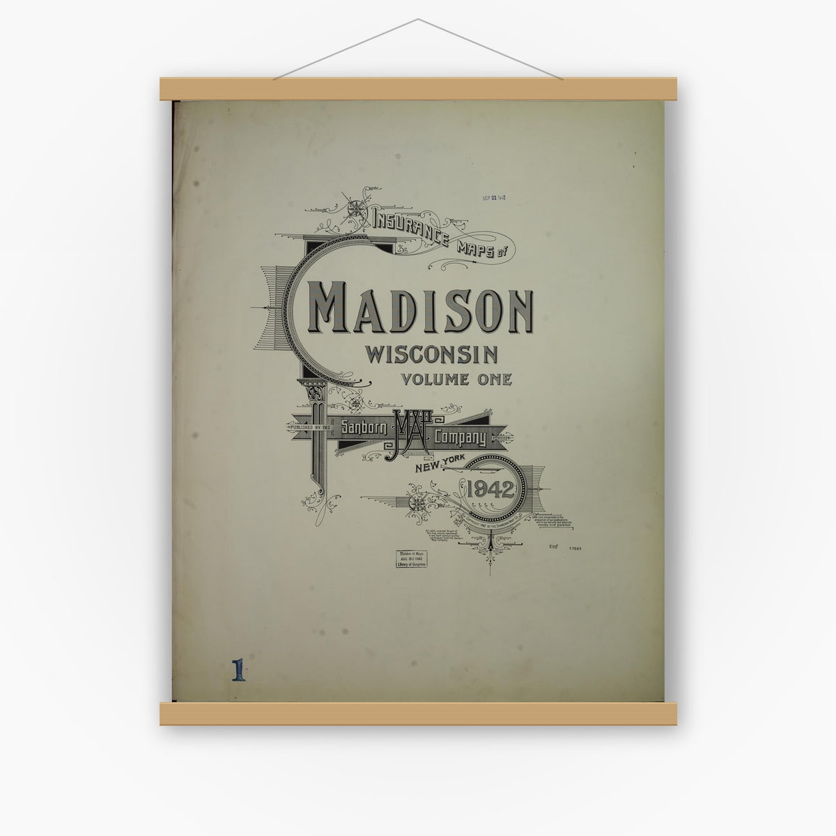 Old map wall art mockup — magnetic wood frame on white wall — Sanborn Fire Insurance Map from Madison, Dane County, Wisconsin (1942), Sheet #0001