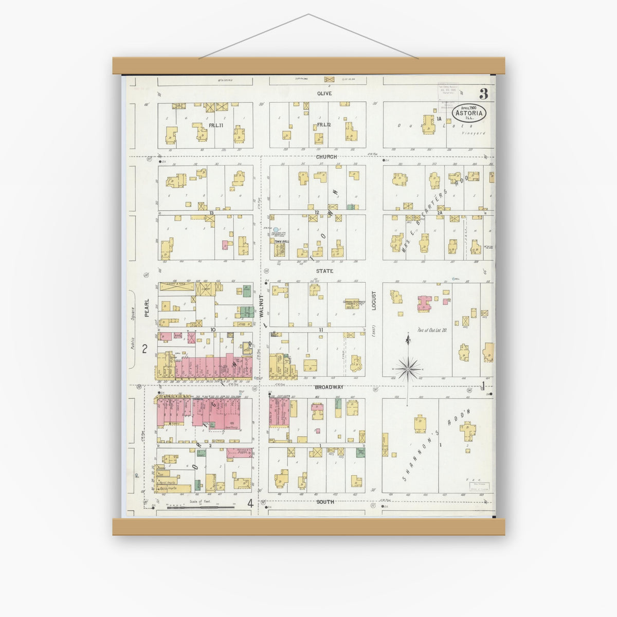 Old map wall art mockup — magnetic wood frame on white wall — Sanborn Fire Insurance Map from Astoria, Fulton County, Illinois (1900), Sheet #0003