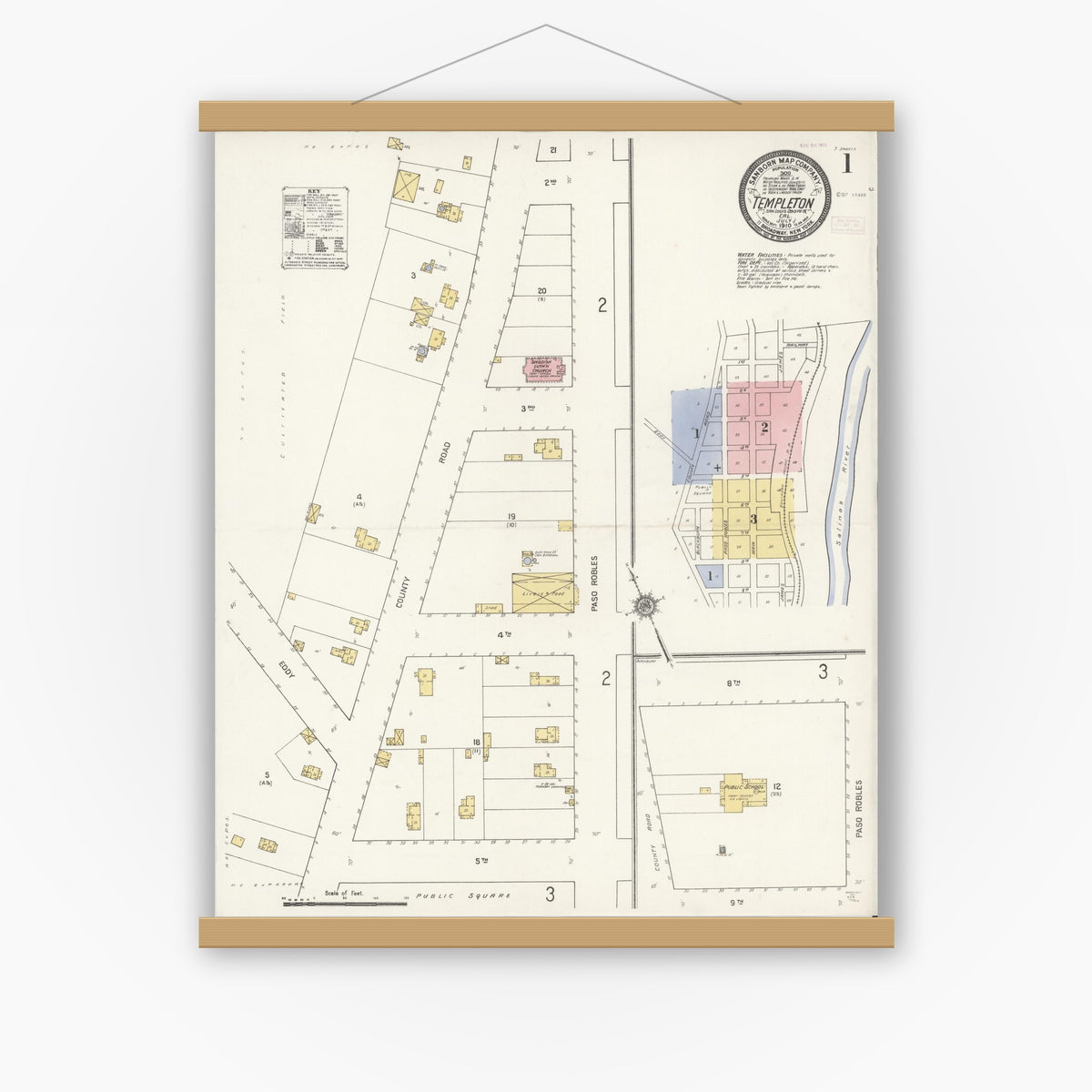Old map wall art mockup — magnetic wood frame on white wall — Sanborn Fire Insurance Map from Templeton, San Luis Obispo County, California (1910) - Complete Map Set