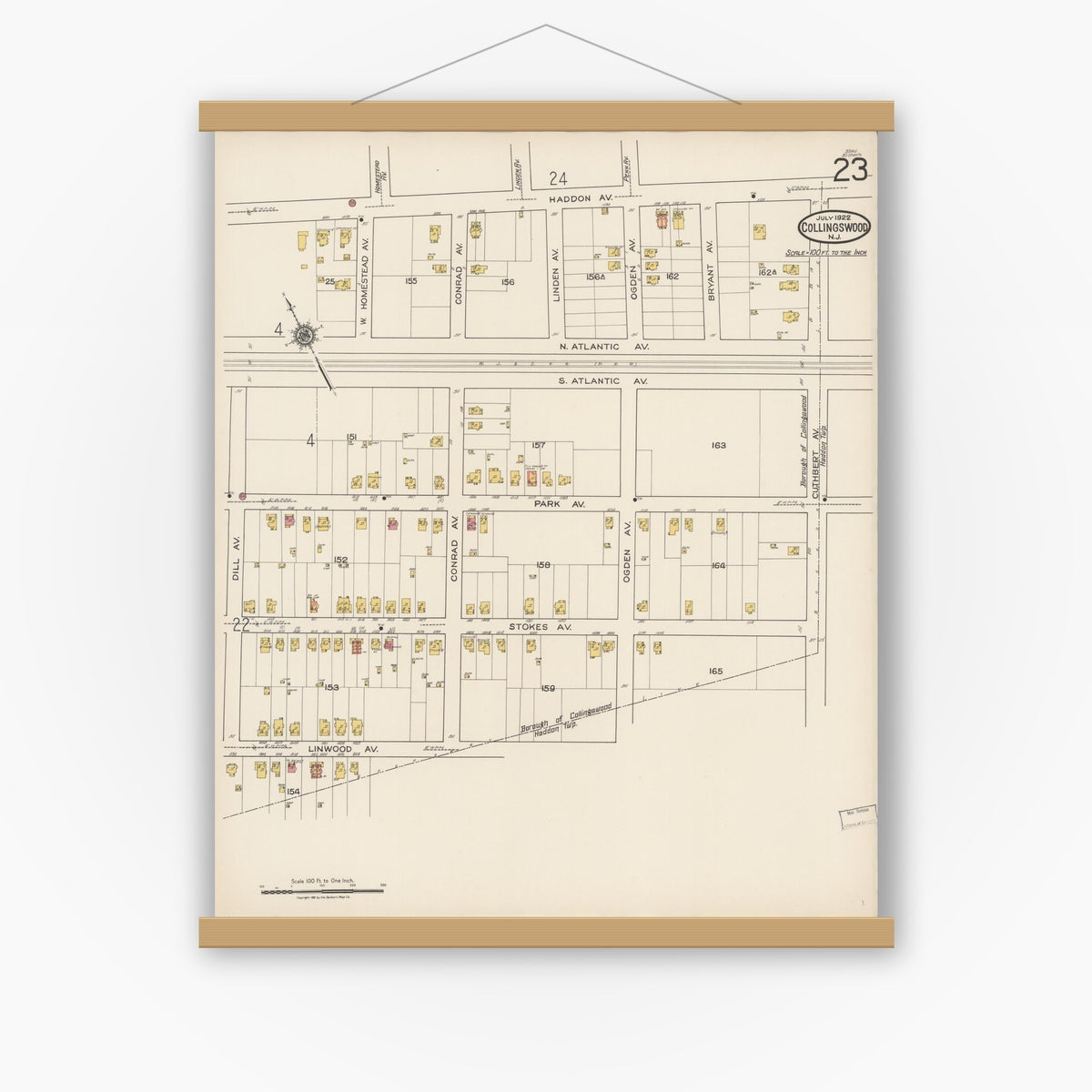Old map wall art mockup — magnetic wood frame on white wall — Sanborn Fire Insurance Map from Collingswood, Camden County, New Jersey (1922), Sheet #0023