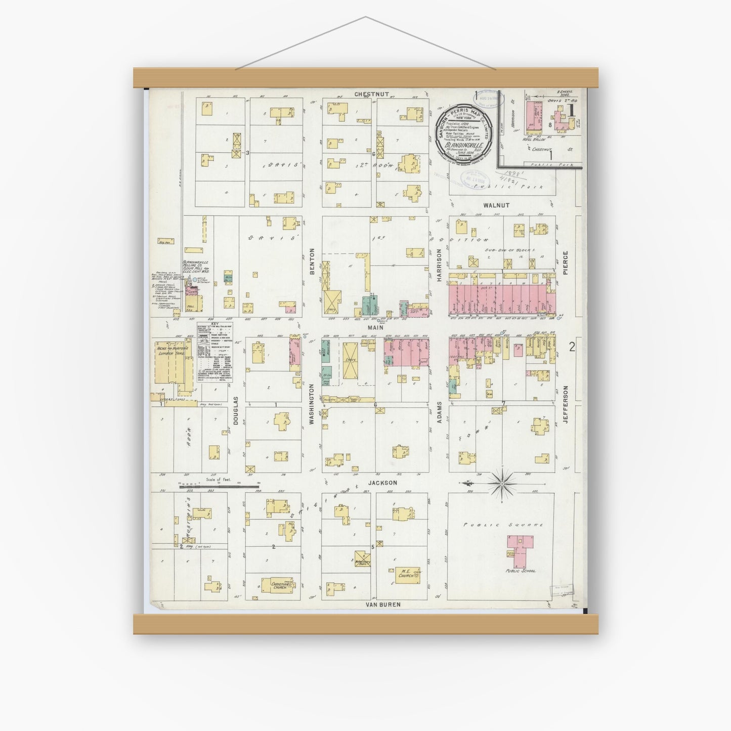 Old map wall art mockup — magnetic wood frame on white wall — Sanborn Fire Insurance Map from Blandinsville, Mcdonough County, Illinois (1898) - Complete Map Set