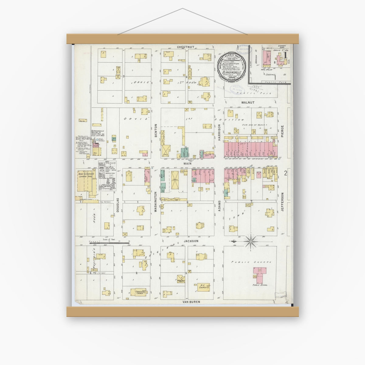 Old map wall art mockup — magnetic wood frame on white wall — Sanborn Fire Insurance Map from Blandinsville, Mcdonough County, Illinois (1898) - Complete Map Set