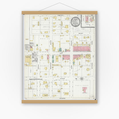 Old map wall art mockup — magnetic wood frame on white wall — Sanborn Fire Insurance Map from Blandinsville, Mcdonough County, Illinois (1898) - Complete Map Set