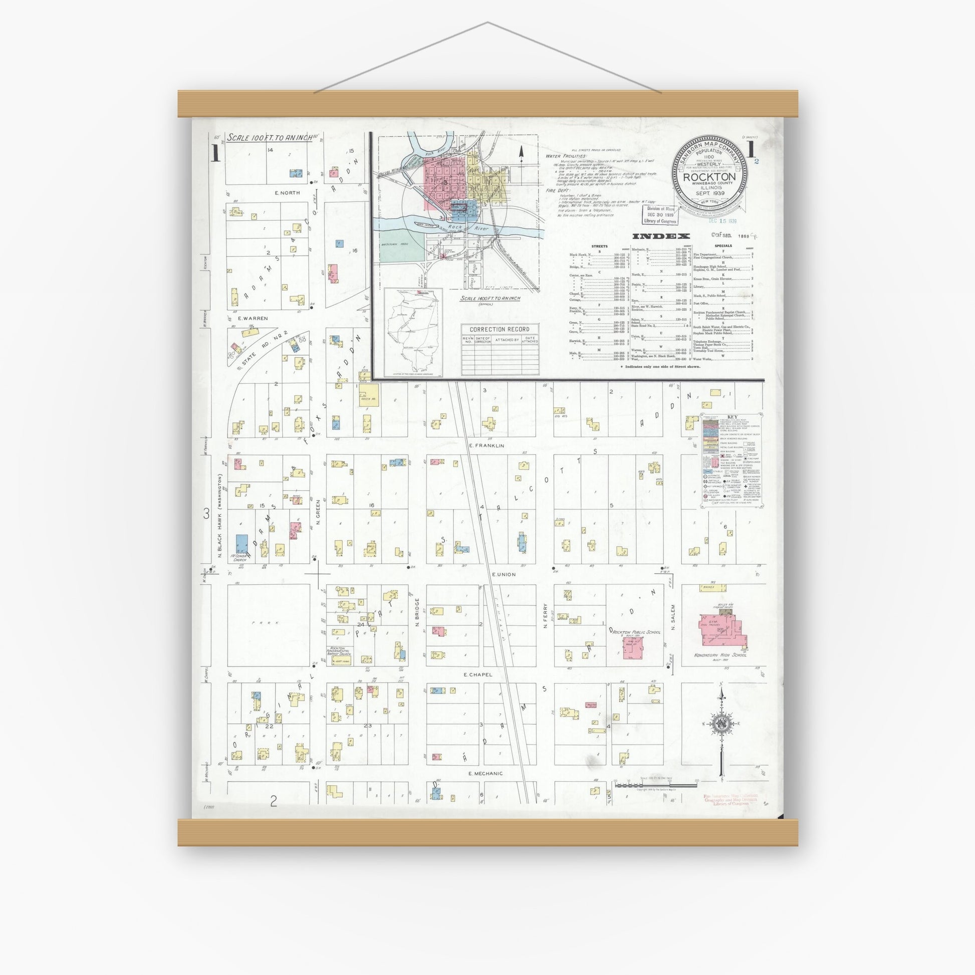 Old map wall art mockup — magnetic wood frame on white wall — Sanborn Fire Insurance Map from Rockton, Winnebago County, Illinois (1939) - Complete Map Set