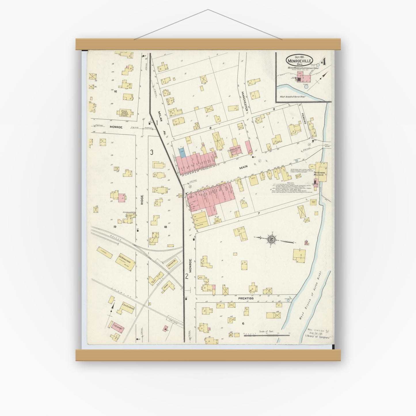Old map wall art mockup — magnetic wood frame on white wall — Sanborn Fire Insurance Map from Monroeville, Huron County, Ohio (1911), Sheet #0004