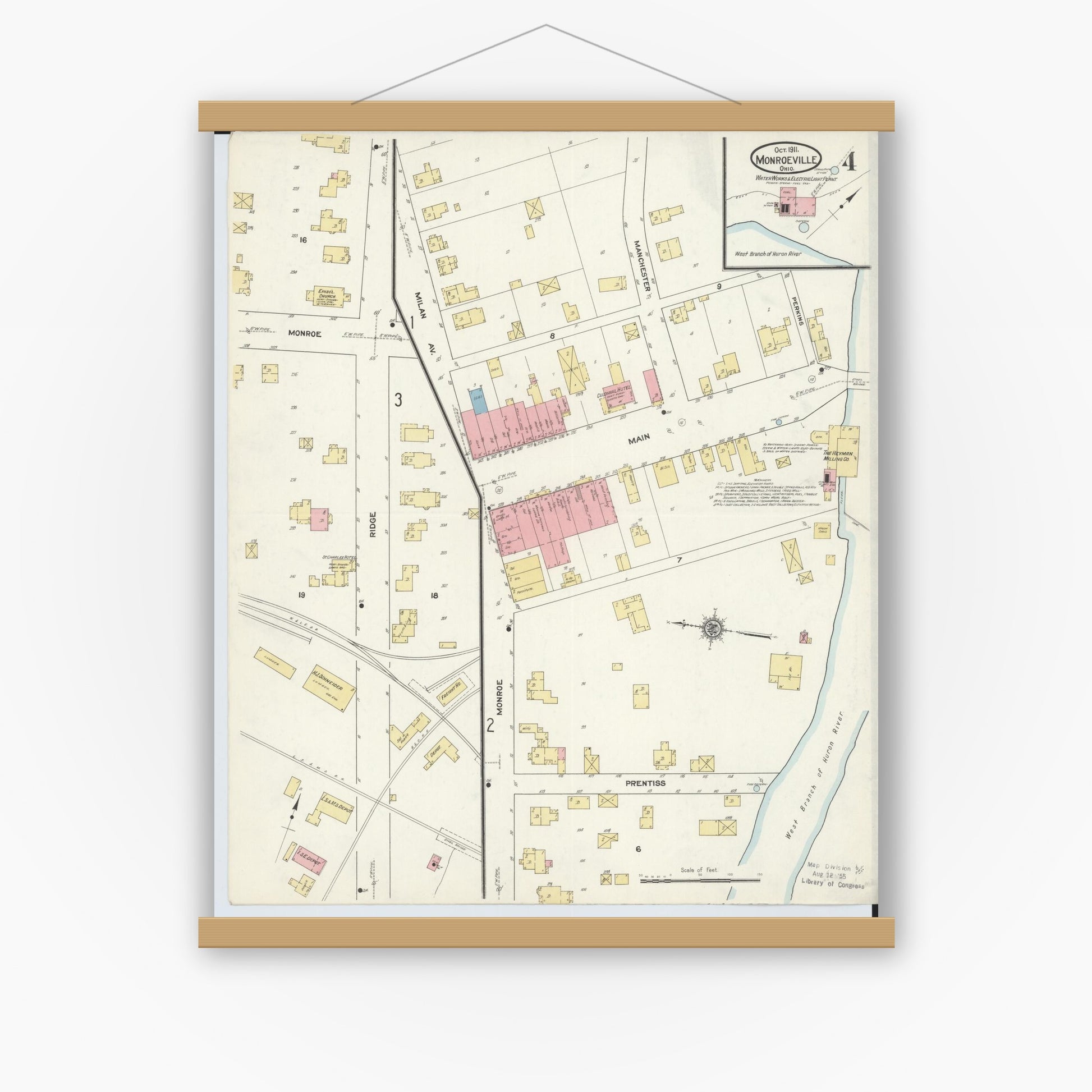 Old map wall art mockup — magnetic wood frame on white wall — Sanborn Fire Insurance Map from Monroeville, Huron County, Ohio (1911), Sheet #0004
