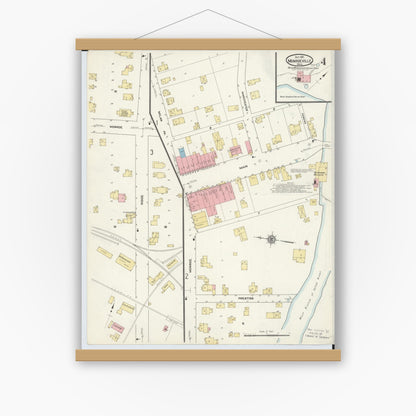 Old map wall art mockup — magnetic wood frame on white wall — Sanborn Fire Insurance Map from Monroeville, Huron County, Ohio (1911), Sheet #0004