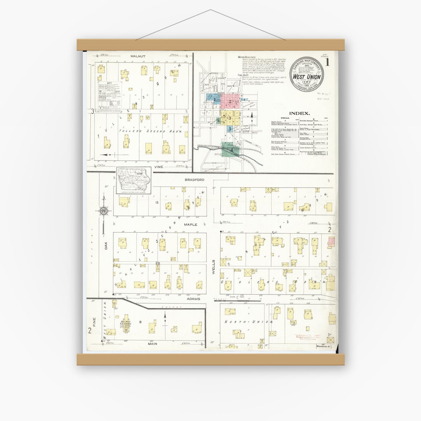 Old map wall art mockup — magnetic wood frame on white wall — Sanborn Fire Insurance Map from West Union, Fayette County, Iowa (1913), Sheet #0001