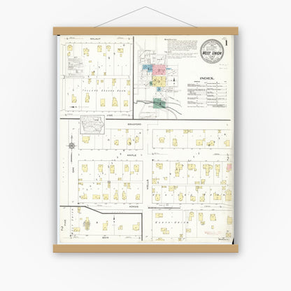 Old map wall art mockup — magnetic wood frame on white wall — Sanborn Fire Insurance Map from West Union, Fayette County, Iowa (1913), Sheet #0001