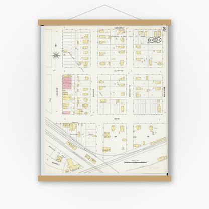 Old map wall art mockup — magnetic wood frame on white wall — Sanborn Fire Insurance Map from Durand, Shiawassee County, Michigan (1896), Sheet #0003