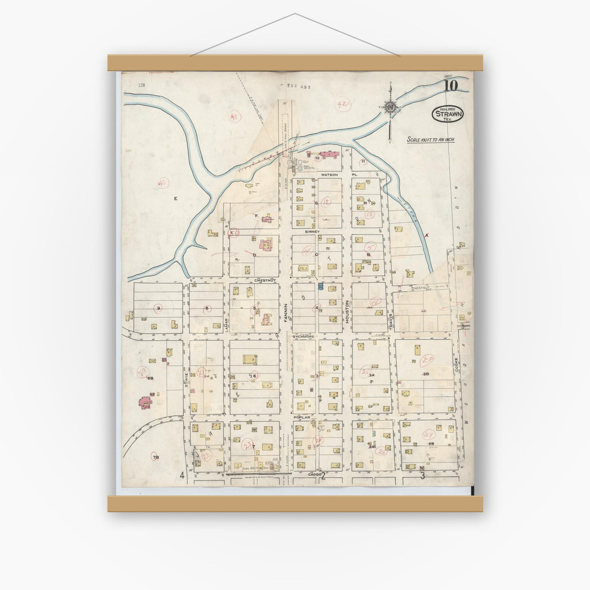 Old map wall art mockup — magnetic wood frame on white wall — Sanborn Fire Insurance Map from Strawn, Palo Pinto County, Texas (1944), Sheet #0010