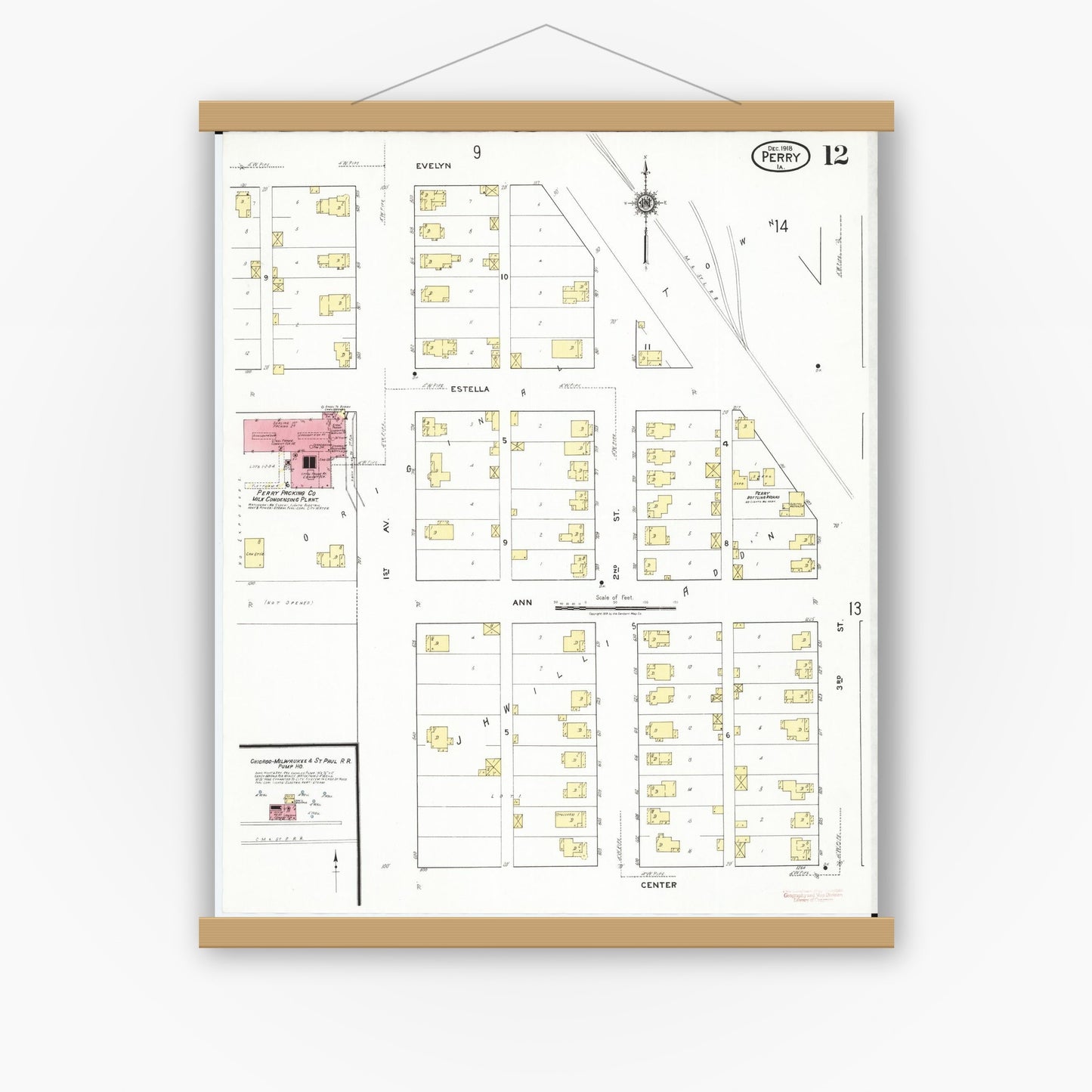 Old map wall art mockup — magnetic wood frame on white wall — Sanborn Fire Insurance Map from Perry, Dallas County, Iowa (1918), Sheet #0012