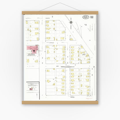 Old map wall art mockup — magnetic wood frame on white wall — Sanborn Fire Insurance Map from Perry, Dallas County, Iowa (1918), Sheet #0012