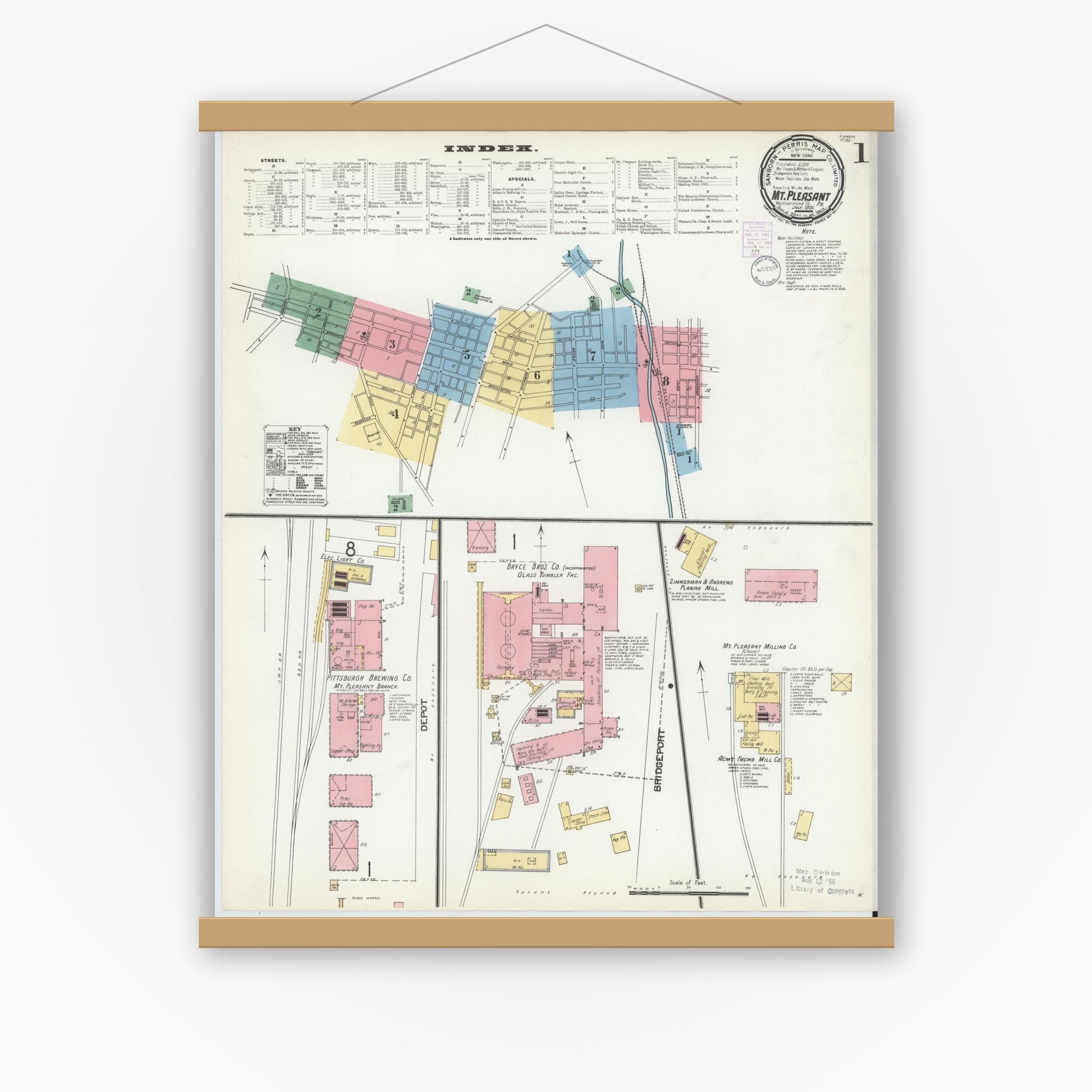 Old map wall art mockup — magnetic wood frame on white wall — Sanborn Fire Insurance Map from Mount Pleasant, Westmoreland County, Pennsylvania (1901) - Complete Map Set