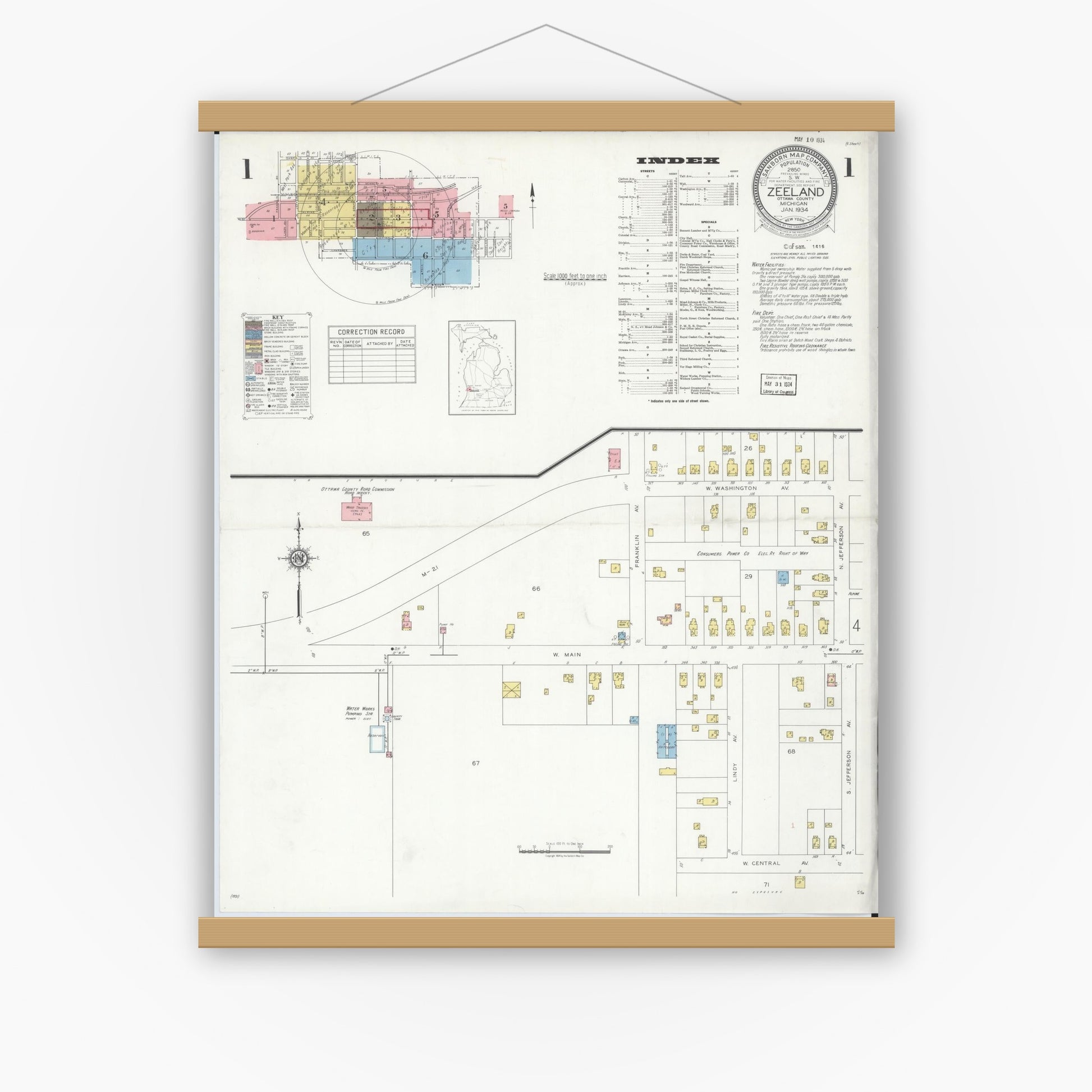 Old map wall art mockup — magnetic wood frame on white wall — Sanborn Fire Insurance Map from Zeeland, Ottawa County, Michigan (1934), Sheet #0001