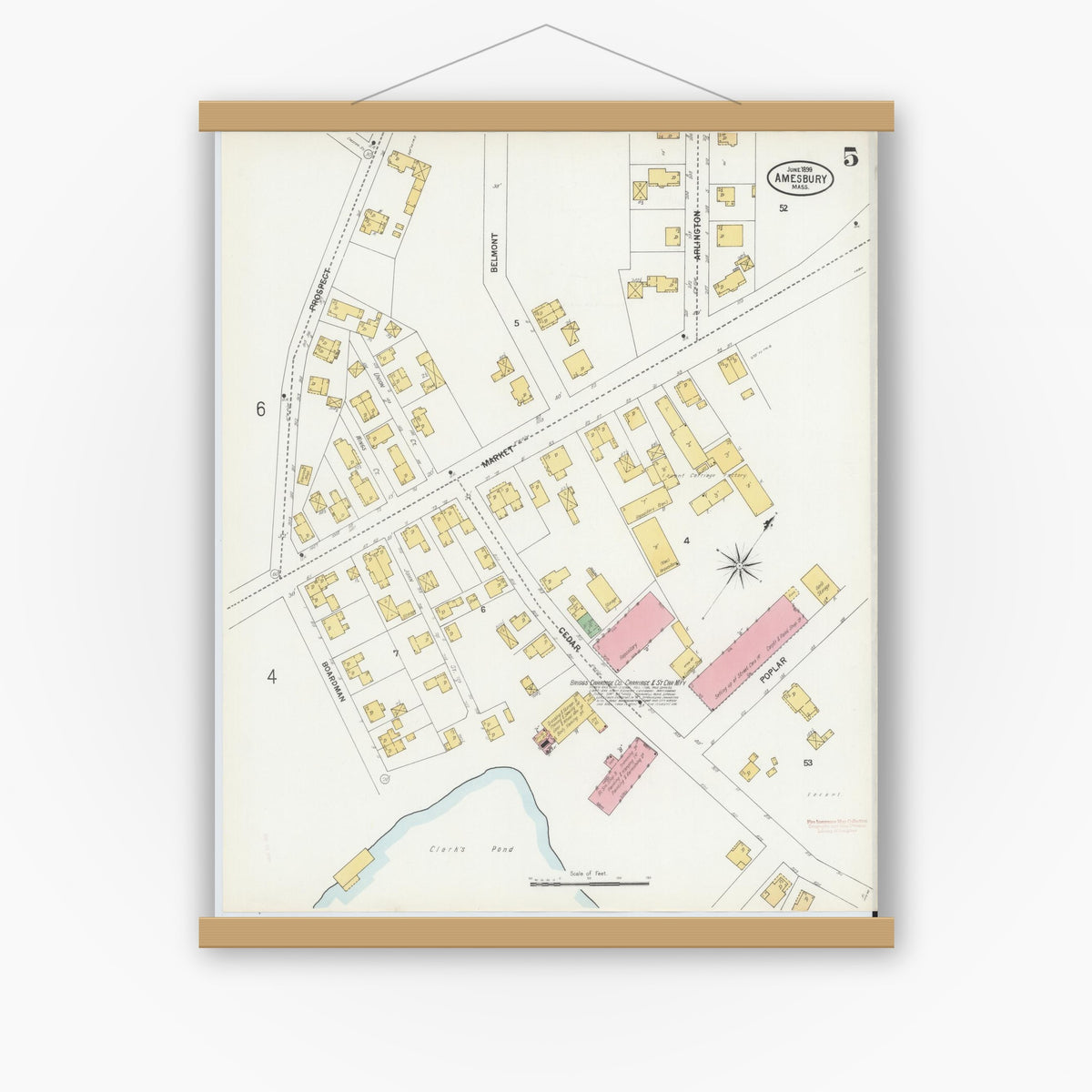 Old map wall art mockup — magnetic wood frame on white wall — Sanborn Fire Insurance Map from Amesbury, Essex County, Massachusetts (1899), Sheet #0005