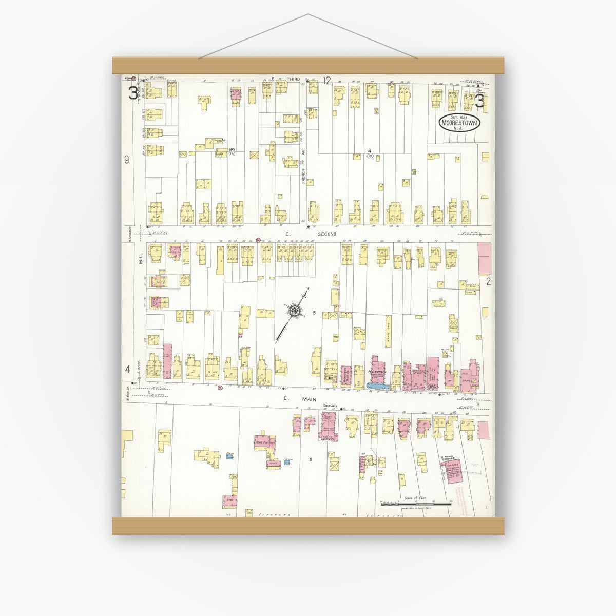 Old map wall art mockup — magnetic wood frame on white wall — Sanborn Fire Insurance Map from Moorestown, Burlington County, New Jersey (1923), Sheet #0003