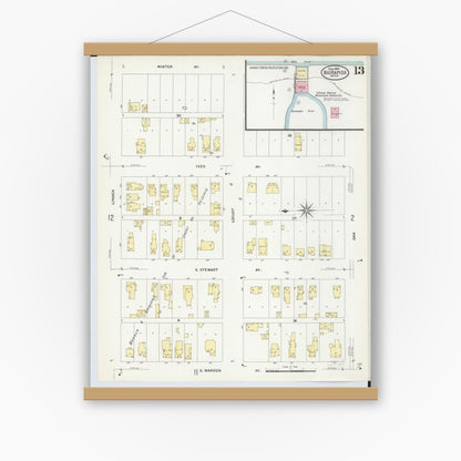 Old map wall art mockup — magnetic wood frame on white wall — Sanborn Fire Insurance Map from Big Rapids, Mecosta County, Michigan (1908), Sheet #0013
