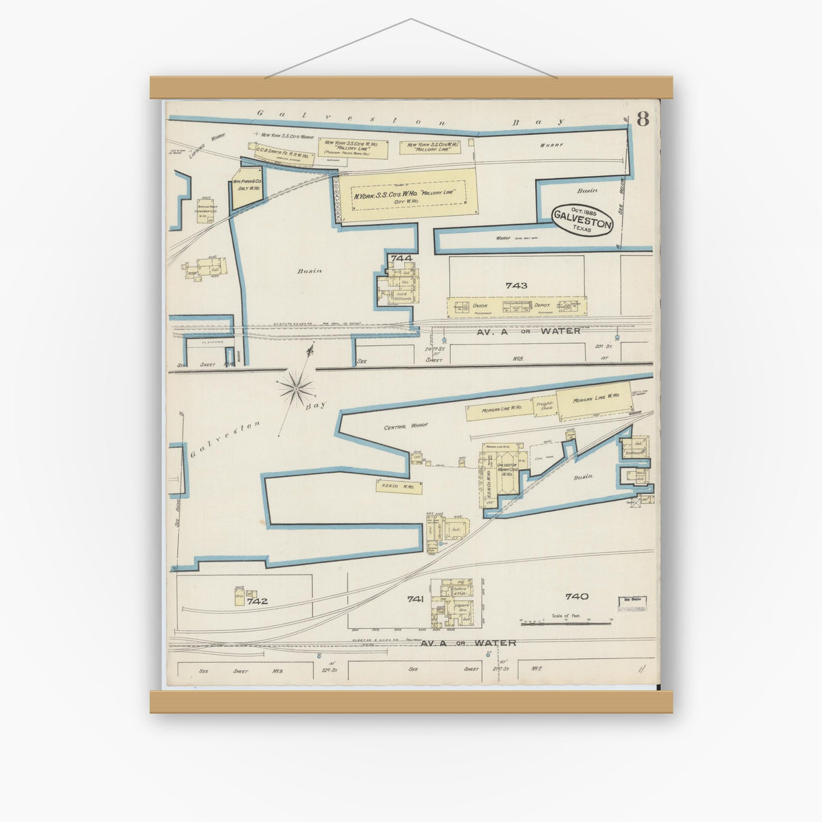 Old map wall art mockup — magnetic wood frame on white wall — Sanborn Fire Insurance Map from Galveston, Galveston County, Texas (1885), Sheet #0008