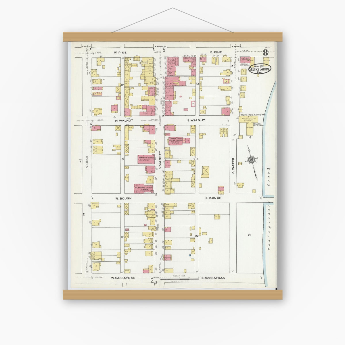 Old map wall art mockup — magnetic wood frame on white wall — Sanborn Fire Insurance Map from Selins Grove, Snyder County, Pennsylvania (1921), Sheet #0008