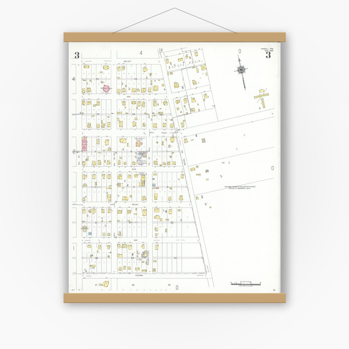 Old map wall art mockup — magnetic wood frame on white wall — Sanborn Fire Insurance Map from Frisco, Collin County, Texas (1949), Sheet #0003