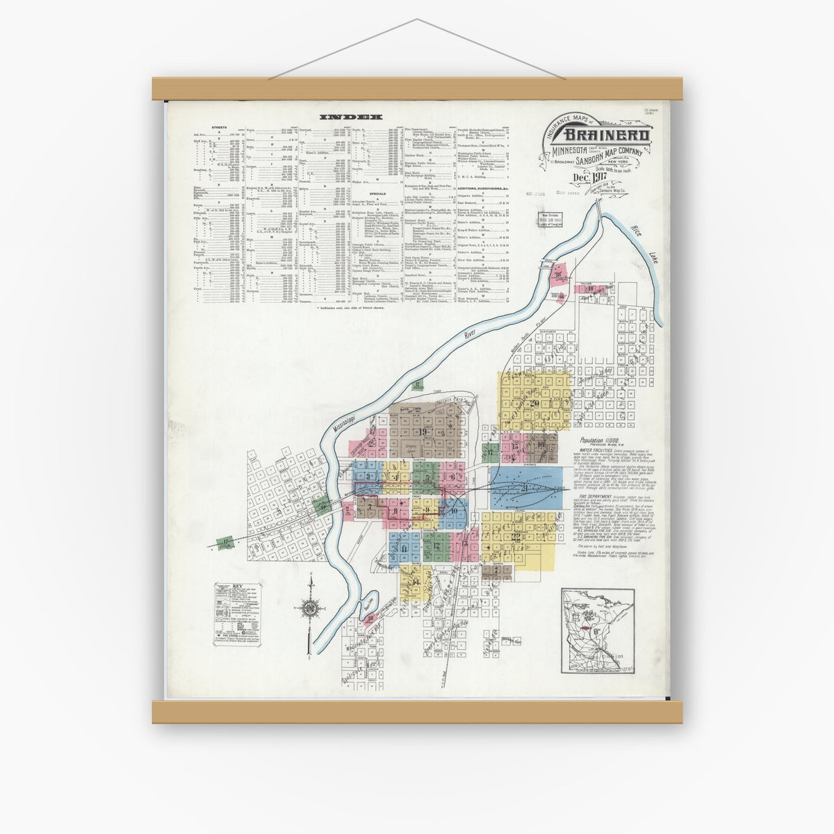 Old map wall art mockup — magnetic wood frame on white wall — Sanborn Fire Insurance Map from Brainerd, Crow Wing County, Minnesota (1917) - Complete Map Set