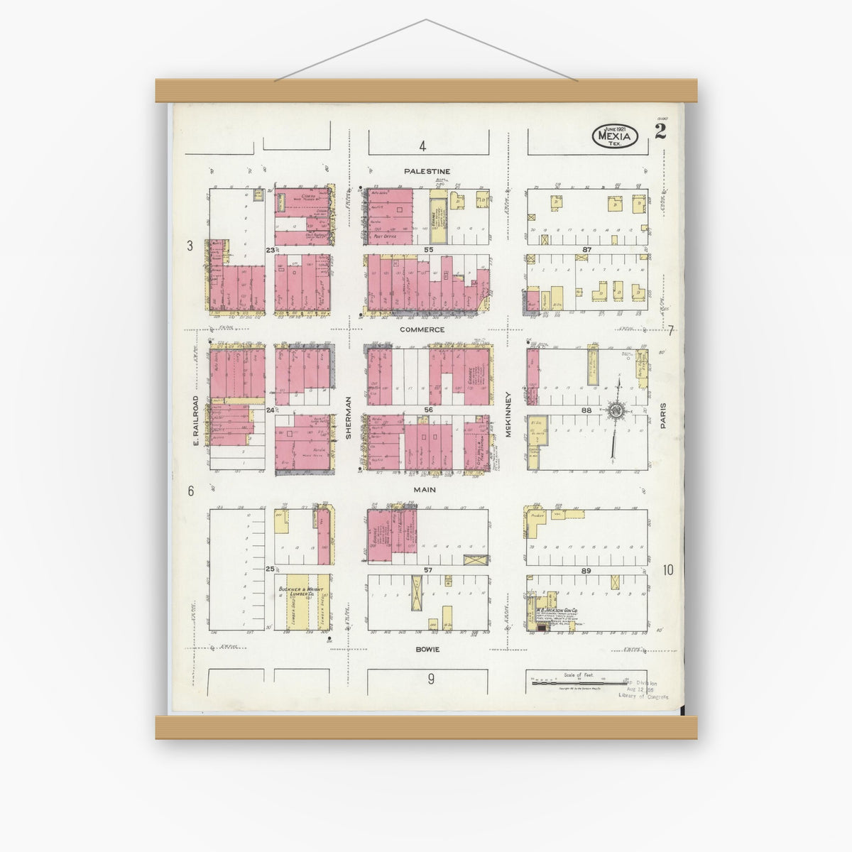 Old map wall art mockup — magnetic wood frame on white wall — Sanborn Fire Insurance Map from Mexia, Limestone County, Texas (1921), Sheet #0002