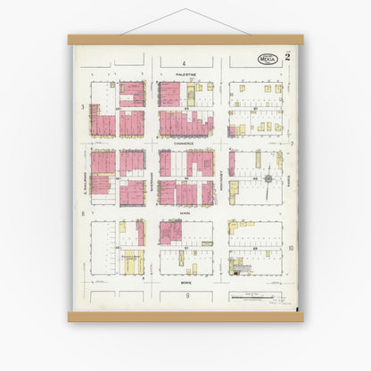 Old map wall art mockup — magnetic wood frame on white wall — Sanborn Fire Insurance Map from Mexia, Limestone County, Texas (1921), Sheet #0002