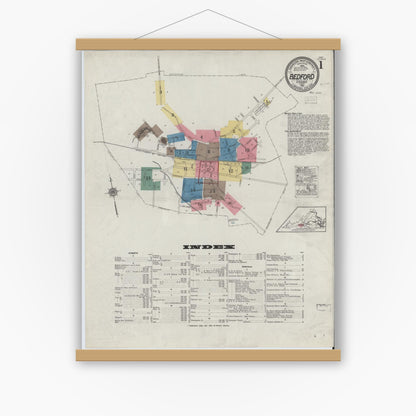Old map wall art mockup — magnetic wood frame on white wall — Sanborn Fire Insurance Map from Bedford, Independent Cities, Virginia (1921) - Complete Map Set