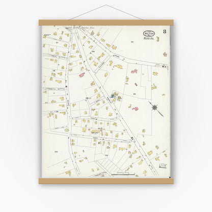 Old map wall art mockup — magnetic wood frame on white wall — Sanborn Fire Insurance Map from Milton, Norfolk County, Massachusetts (1911), Sheet #0008